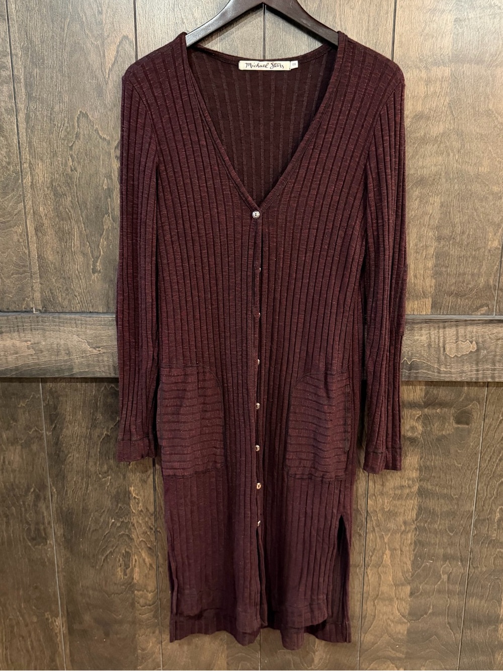 Michael Stars Ribbed Long Sleeve Button Front Sweater - Burgundy